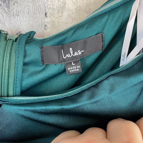 NWT Lulus Always Celebrating Dark Green Satin Off-the-Shoulder Mini Dress Large - Picture 10 of 15